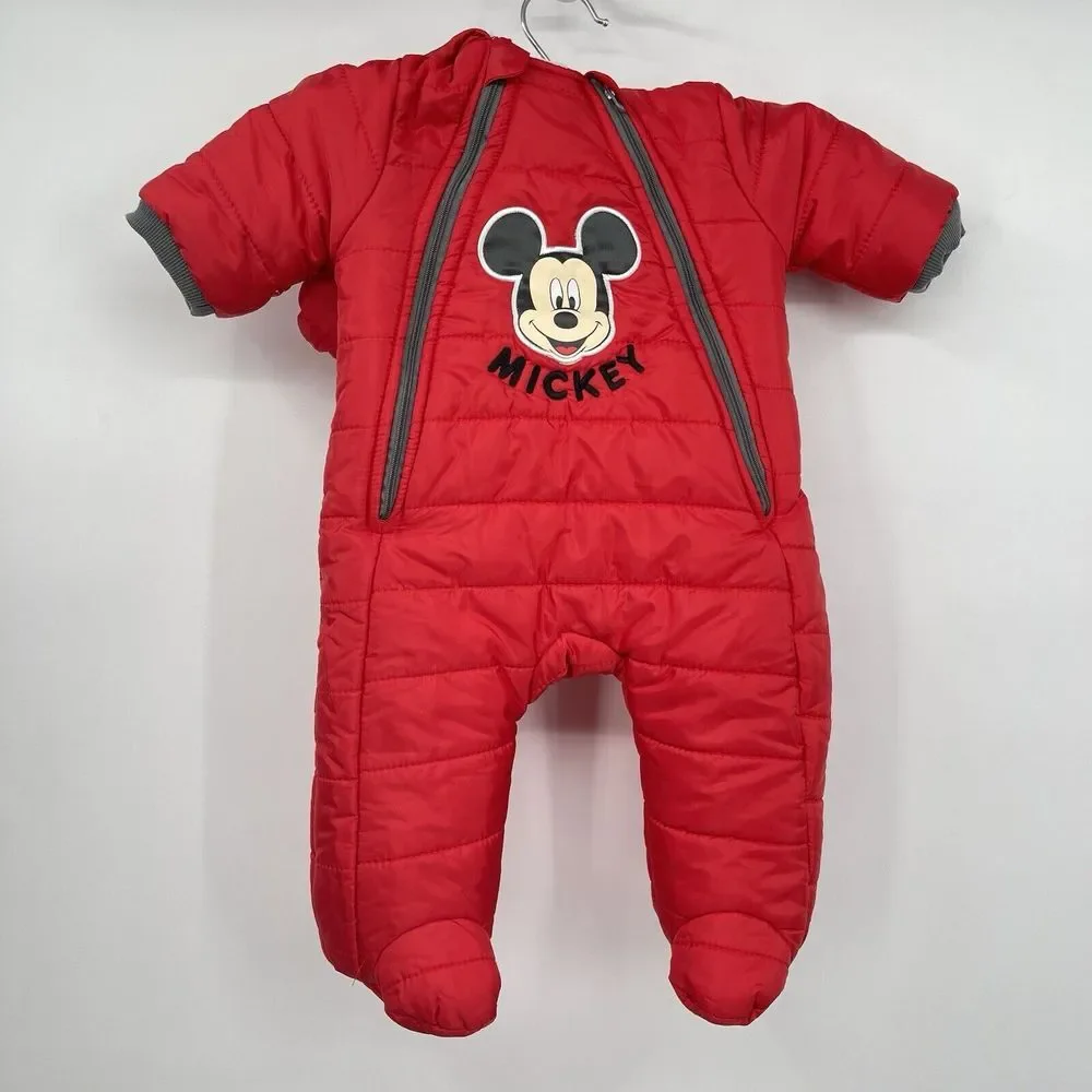 Disney Baby 3-6M Mickey Mouse Snowsuit Infant Red Puffer Sherpa Lined‎ Hooded